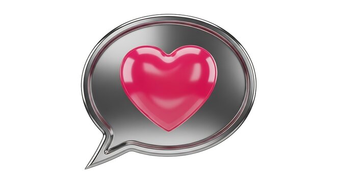 Shiny metal speech bubble with a pink heart inside isolated on white background a modern symbol of love and communication - Powered by Adobe