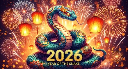 Vibrant Chinese New Year 2026 Celebration with Majestic Zodiac Snake, Festive Fireworks, and Glowing Lanterns