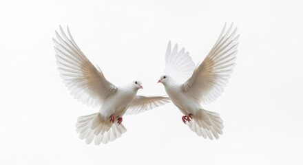 Obraz premium Two White Doves Flying Together Symbolizing Love and Unity