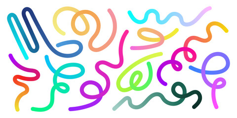 Abstract squiggle ribbons with rainbow gradients create playful waves. Ideal for kids' designs, music posters, carnival graphics, and trendy neon backgrounds with organic flow.