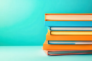 Brightly colored office folders in orange and blue are neatly stacked, showcasing their organized appearance against a soothing pastel background