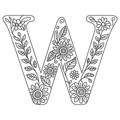 Floral Letter W Coloring Page, Decorative Alphabet Outline with Flowers and Leaves, Botanical Monogram Coloring Design