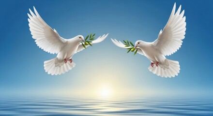 Obraz premium Two White Doves Carrying Olive Branches Flying Over Water