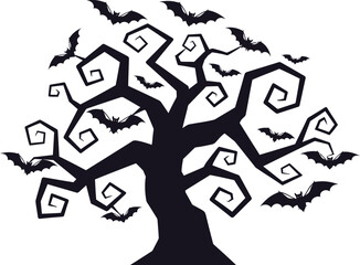 Spooky silhouette halloween tree with flying bats against a white backdrop perfect for seasonal decorations and spooky designs isolated on white background