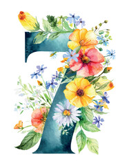 Watercolor numbers decorated with summer flowers on white isolated background. Birthday. Romantic elements for the holiday