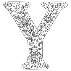 Floral Letter Y Coloring Page, Decorative Alphabet Outline with Flowers and Leaves, Botanical Monogram Coloring Design