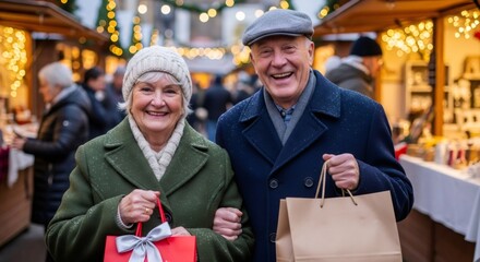 Senior man and woman happy shopping together at an outdoor market. Concept of joyful retail therapy and holiday season sales.