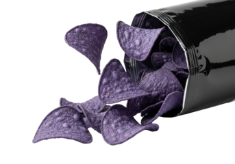 Vibrant indigo blue corn tortilla chips with sparkling seasoning spilling from a glossy black snack bag on a transparent background, macro shot, bokeh. Concept for snack advertising