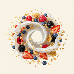 A swirl of fruit and grains with berries, milk splashes
