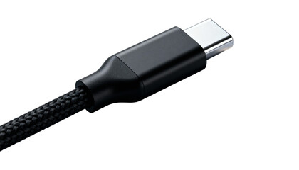Close-up of a black USB- C connector and braided cable on a white background type-c