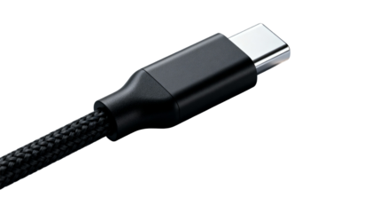 Close-up of a black USB- C connector and braided cable on a white background type-c