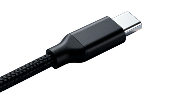 Close-up of a black USB- C connector and braided cable on a white background type-c