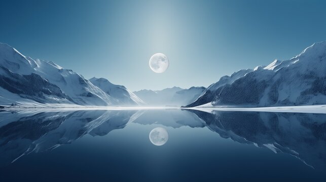 Snowy mountains surrounded by symmetry with a silver white full moon at the center and light effects over clear lake water creating a minimalist tranquil background.