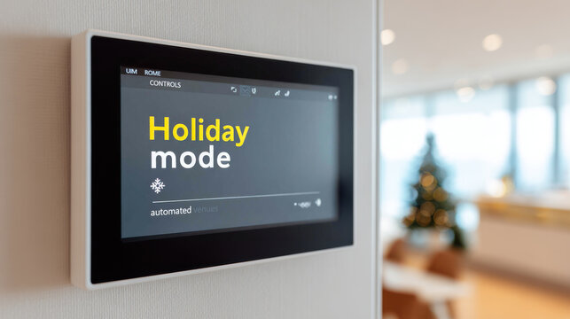 Smart home dashboard screen displays holiday mode in modern interior with festive atmosphere and diffused lighting