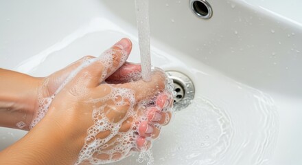 Closeup of hands washing with soap under running water in a white sink, emphasizing hygiene and cleanliness as essential practices for health and wellbeing, promoting proper handwashing techniques