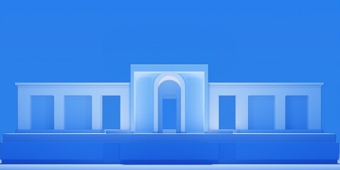 A blue and white gradient background with an architectural building featuring columns and arches set against a simple backdrop illuminated by soft lighting.