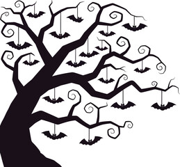 Spooky halloween silhouette tree adorned with numerous bats creating a haunting atmosphere for holiday decorations and designs isolated on white background