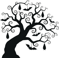 Spooky halloween silhouette tree with bats and ornaments festive autumn night design element for decorations and celebrations isolated on white background