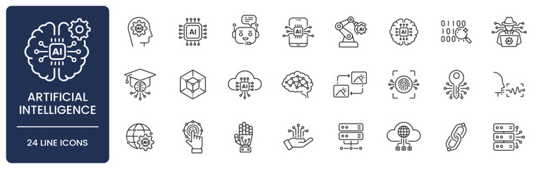 Artificial Intelligence and Machine Learning Line Icon Set with Editable Stroke. Includes chatbot, neural network, deep learning, algorithm, biometrics, automation, brain, robot, and cloud AI symbols.