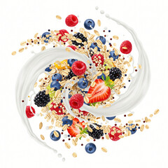 A swirl of fruit and grains with berries, milk splashes
