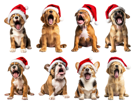 PNG Adorable puppies wearing Santa hats, element set on transparent background