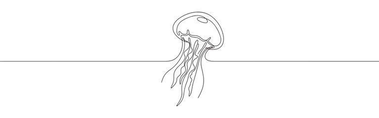 A continuous one-line drawing of a jellyfish, showcasing its bell and flowing tentacles, against a clean white background