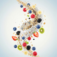 A swirl of fruit and grains with berries, milk splashes