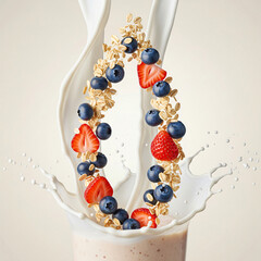 A swirl of fruit and grains with berries, milk splashes