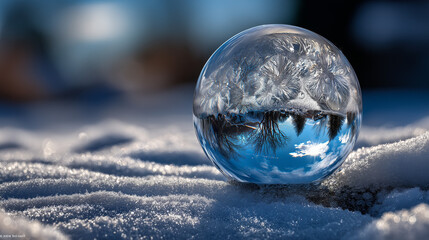 Clear glass globe reflecting snowy landscape in winter light  