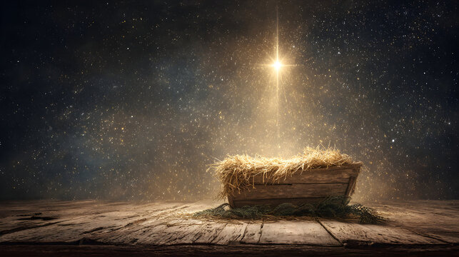 Symbolic nativity scene with manger under starry night sky for christmas celebrations