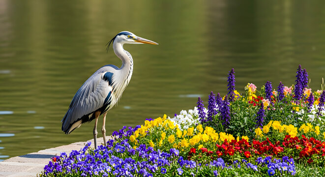 Grey Heron stands proudly beside a vibrant flowerbed with purple, yellow, and red blooms near a tranquil body of water, showcasing nature's beauty