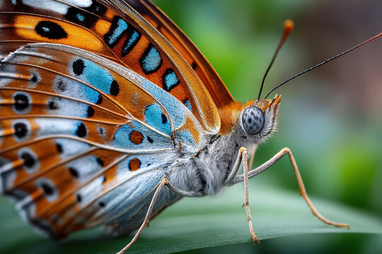 Close up of a colorful butterfly on a green leaf