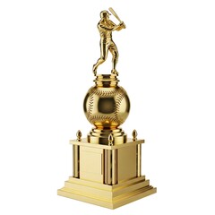 A gold trophy with a baseball player figurine on a baseball and a tiered base.