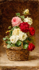 満開のバラと濃い背景、ドラマチックな静物画