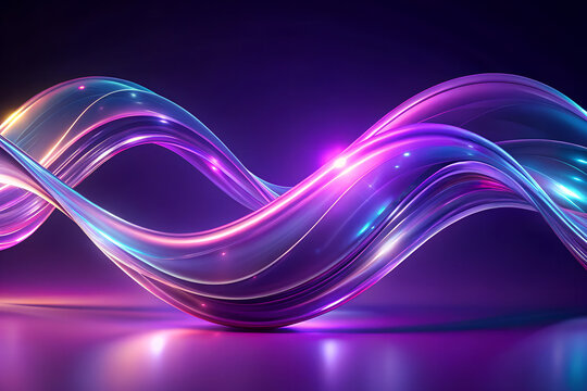 3d abstract liquid glass transparent ribbon wave line on dark purple background. Render gradient water tape, fluid flow curve shape with flare and light refraction on neon purple bg. 3D illustration 