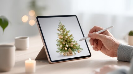Decorating a virtual Christmas tree with a stylus on a tablet in a minimal workspace