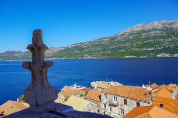 View from the tower of the church of St. Marco of the medieval town of Korcula, Croatia, Dalmatian coast. 