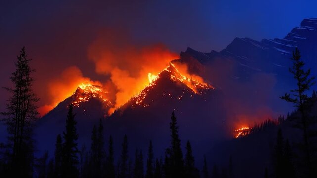 A massive mountain engulfed in flames, with thick smoke and lava flowing down its sides