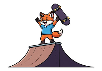 Cartoon fox triumphantly holding skateboard on ramp with joyful expression