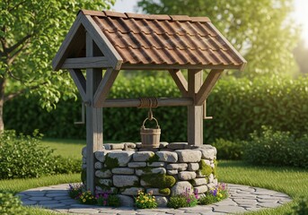 Fototapeta premium Charming stone wishing well amidst lush green garden scenery sunlight