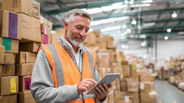 Warehouse Overseer: A focused warehouse worker reviews data on a tablet, overseeing a mountain of packages in a bustling distribution center, symbolizing precision and logistic organization.
