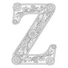 Floral Letter Z Coloring Page, Decorative Alphabet Outline with Flowers and Leaves, Botanical Monogram Coloring Design