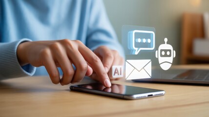 Modern communication concept: hand operating a mobile phone with various technology icons overlaying 