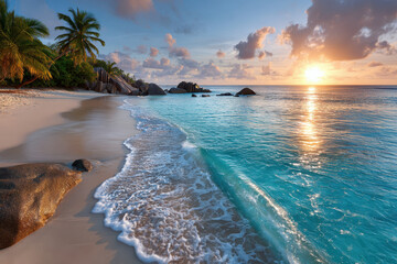 Tropical beach sunrise with turquoise water and palm trees