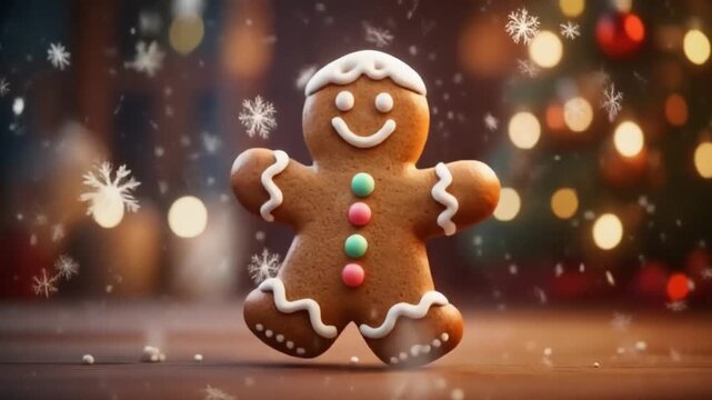 galleta de jengibre con expresi&oacute;n alegre bailando de forma divertida. La galleta tiene glaseado blanco detallado, botones de colores y un aspecto brillante como reci&eacute;n horneada. Se mueve.