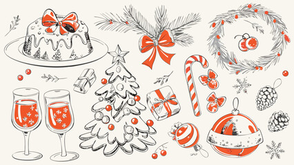 Festive christmas illustration with pudding tree gifts and holiday decorations scattered around it