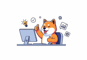 Illustration of a cheerful Shiba Inu dog sitting at a computer with a lightbulb above, conveying a creative and playful mood on a clean white background.