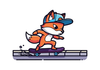 Cartoon illustration of a fox wearing a cap riding a skateboard on a rail with a white background