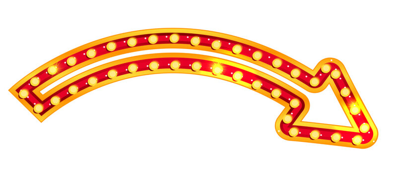 Marquee arrow pointer with retro neon bulb light for theater or casino showtime. Vintage gold and red illuminated shiny sign for vegas broadway billboard or show. Direction border vector isolated