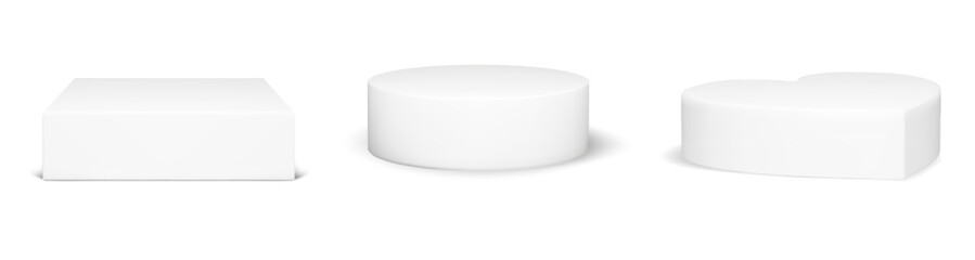 White 3d podium platform set with heart, cylinder and cube shape for product display. Round circle pedestal, square box and love base in minimal realistic style. Studio rendering vector isolated
